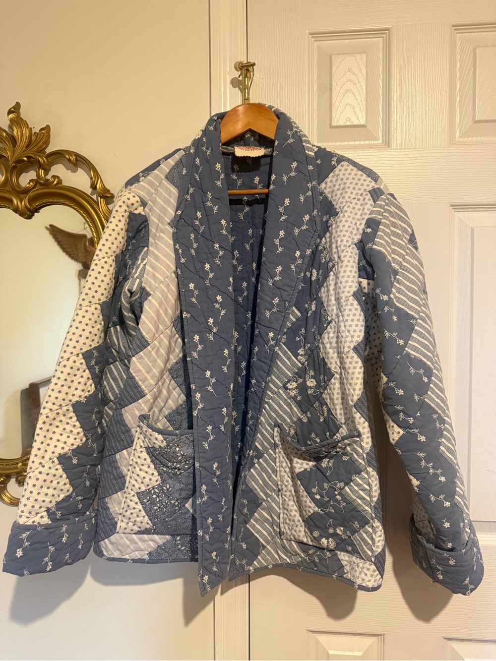 Quilted Patchwork Jacket in Blue and Cream